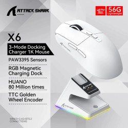 Attack Shark X6 PAW3395 Tri-Mode Wireless Gaming Mouse with DOCK (White)