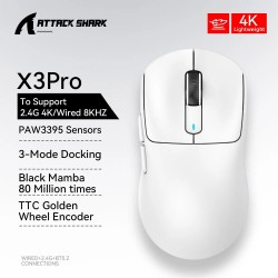 Attack Shark X3 PRO 4K Dongle included Wireless Tri-Mode Gaming Mouse (8K in Wired Mode) White